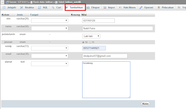 sahretech - cara menambahkan data lewat UI phpmyadmin