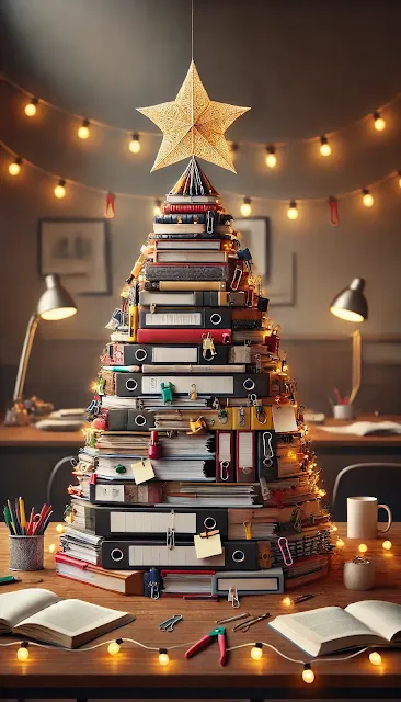 Christmas tree crafted entirely from office items like books, paper clips, binders, and pens, decorated with small office-themed ornaments and glowing lights.
