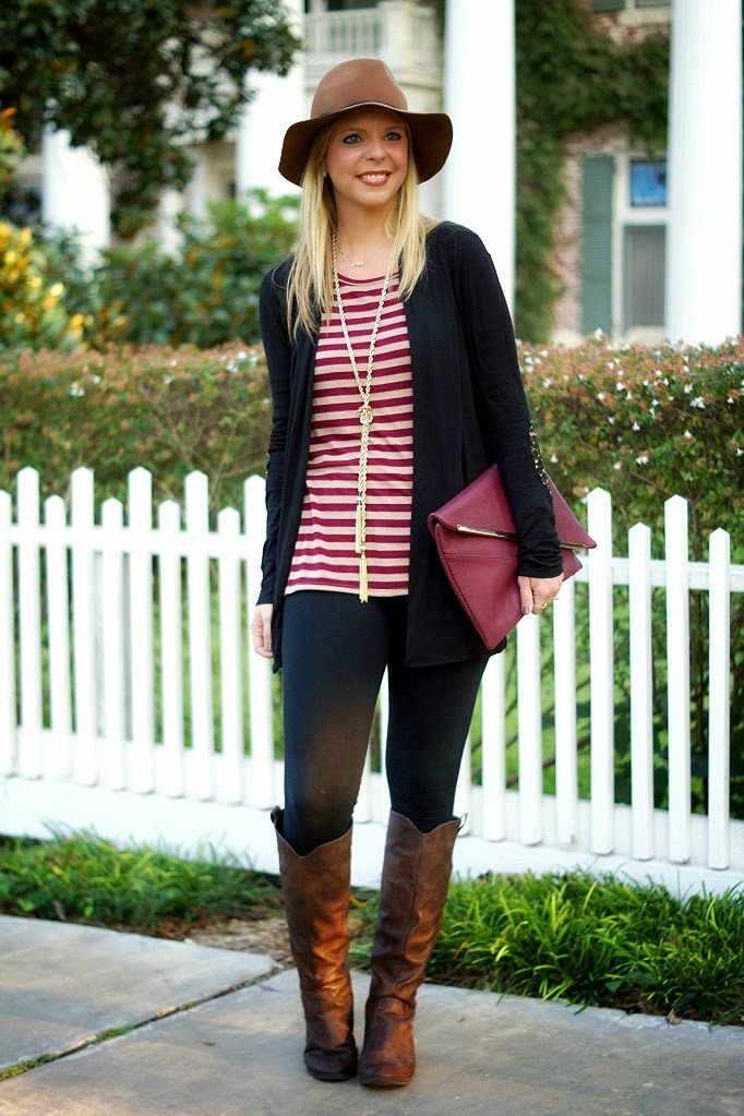 cardigan, tunic, leggings and riding boots fall outfit idea