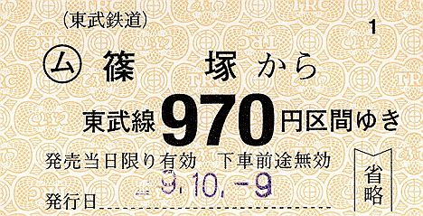 東武鉄道　常備軟券乗車券5　小泉線　篠塚駅