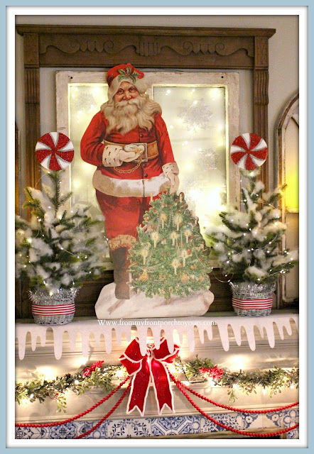 Vintage -Inspired -Cottage- Farmhouse -Christmas- Mantel-Santa-Christmas Trees-From My Front Porch To Yours