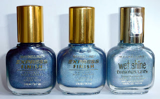 Maybelline Nail Polishes in Purple Aluminum, Blue Aluminum and Sparkling Opal