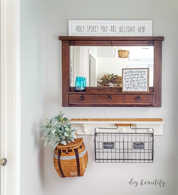 farmhouse entry with baskets and signs