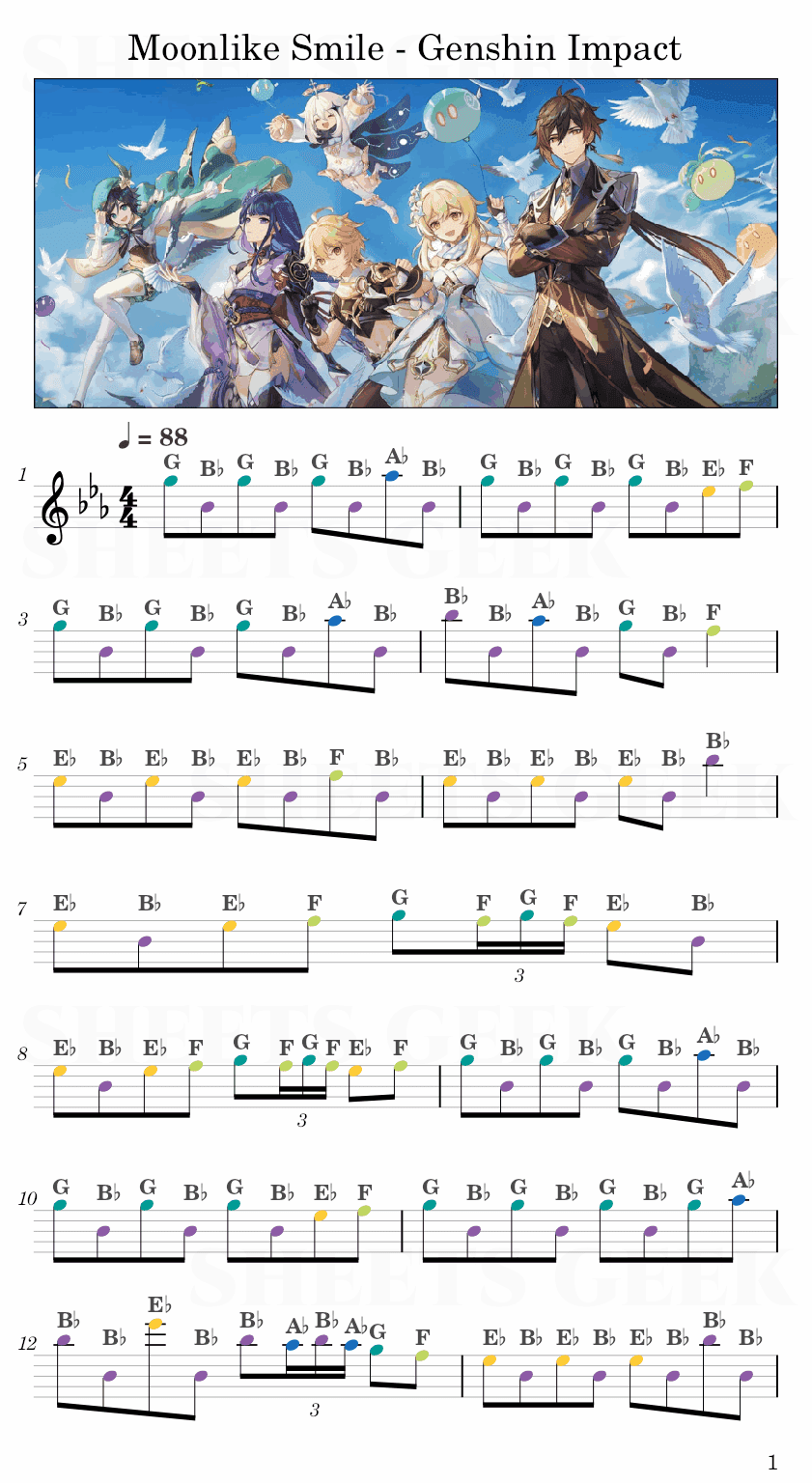 Moonlike Smile DragonSpine - Yu-Peng Chen (Genshin Impact) Easy Sheet Music Free for piano, keyboard, flute, violin, sax, cello page 1