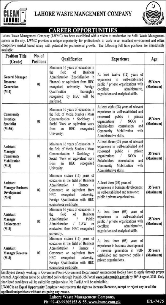 Lahore Waste Management Company LWMC Jobs 2021 Latest