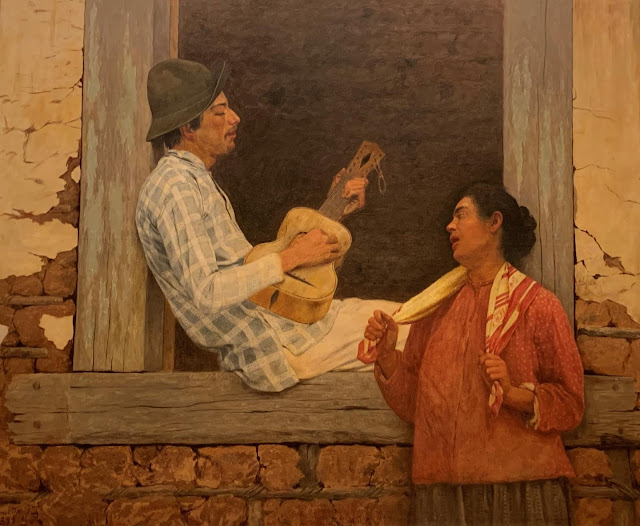  quadro O Violeiro mostra um rapaz sentado na janela tocando viola e uma moça em pé ao seu lado escutando    