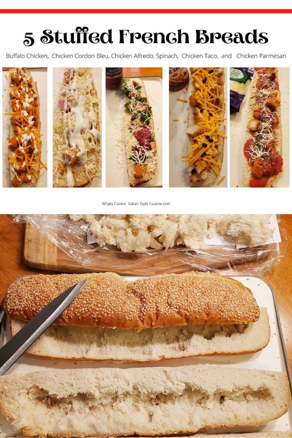 these are 5 stuffed french bread recipes and the photo is for Pin for Later