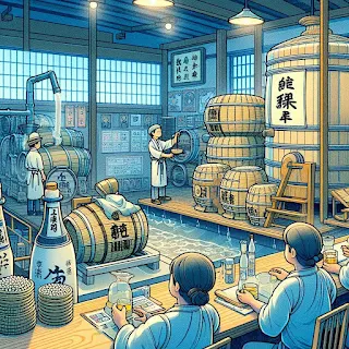 酒蔵見学のイラスト:酒蔵の内部や試飲の様子が描かれている