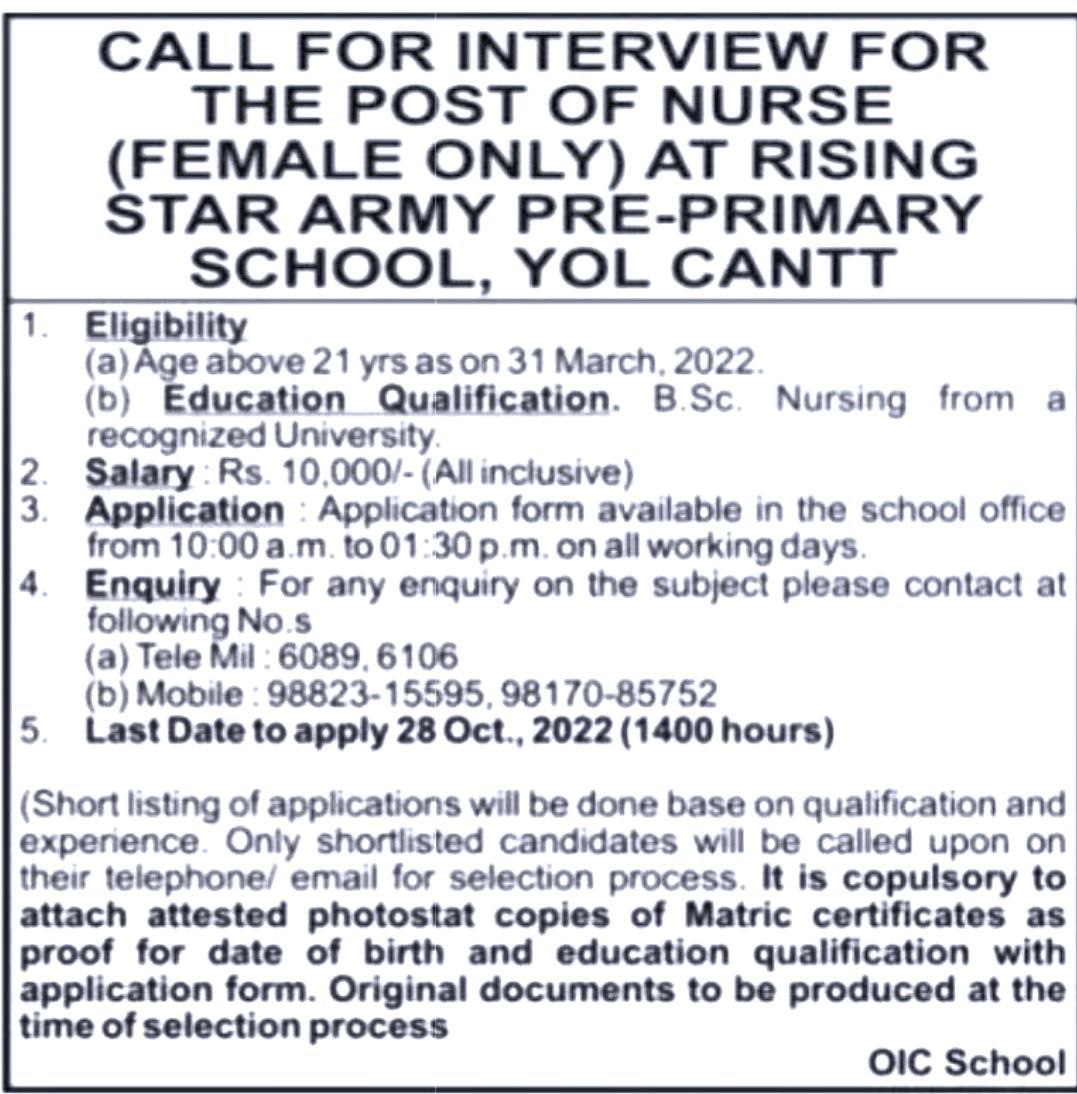 Rising Star Army Pre-Primary School Yol Cantt Nurse Recruitment 2022
