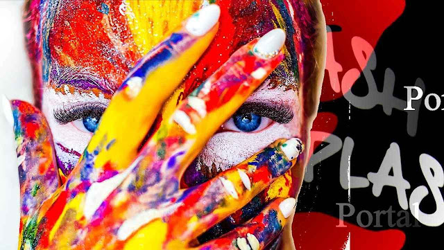 Fotocomposição com rosto de mulher pintado de várias cores, tendo como fundo o logo do Splish-Splash