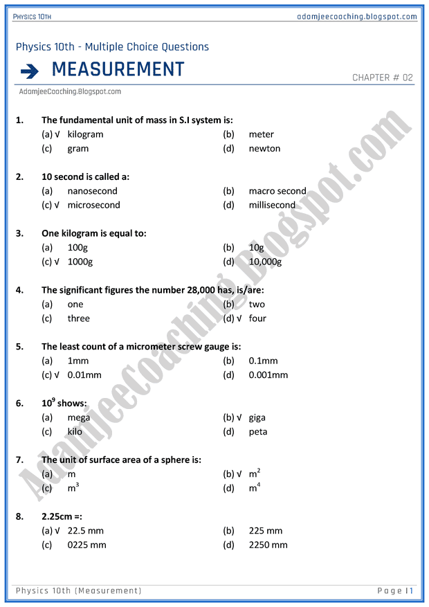 measurement-mcqs-physics-10th