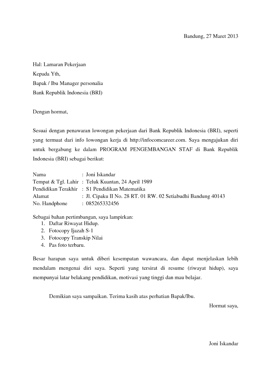 Surat Lamaran Kerja Bank BRI - ben jobs