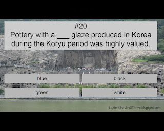 Pottery with a ___ glaze produced in Korea during the Koryu period was highly valued. Answer choices include: blue, black, green, white