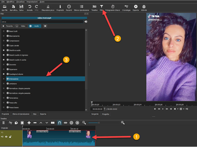 filtro audio intonazione di shotcut