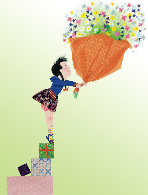 Illustration of a little girl presenting a bunch of flowers for a happy mother's day by Robert Wagt