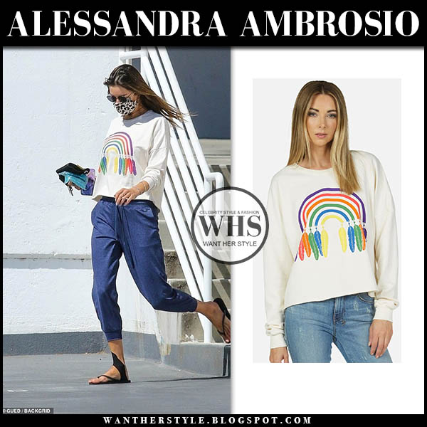 Alessandra Ambrosio in white rainbow print sweatshirt