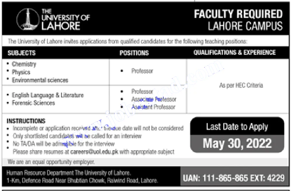 The University of Lahore jobs 2022 – UOL jobs 2022