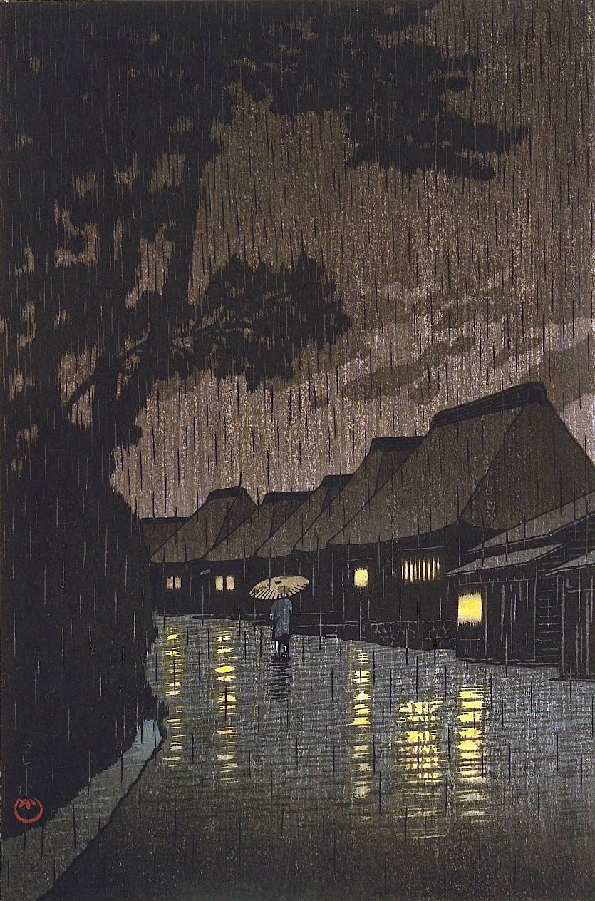 Kawase Hasui art, a parasol in the rain at night