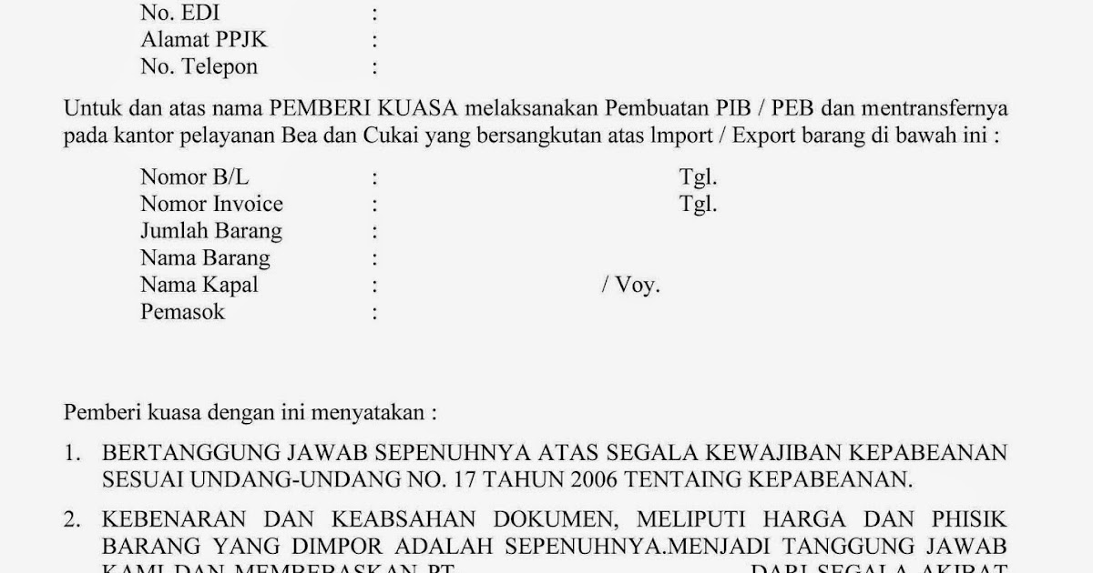 Contoh Surat Kuasa PPJK - Pembuatan PIB dan Transfer EDI 