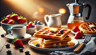 Golden brown, crispy classic waffles stacked on a plate with butter and syrup, surrounded by fresh strawberries and blueberries in a cozy breakfast setting.
