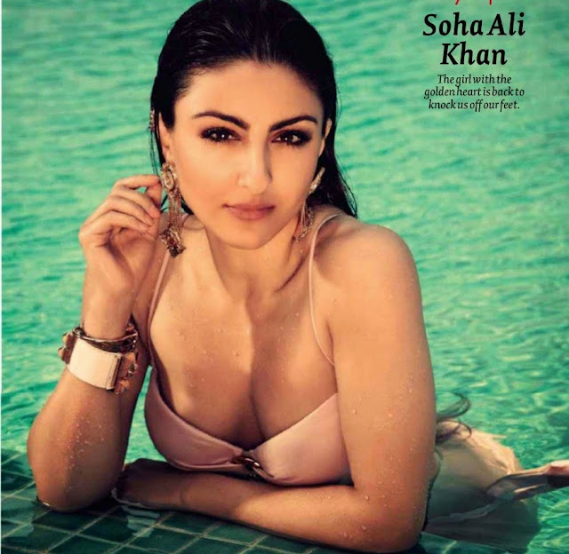 Soha Ali Khan Hot Bikini Images - Unseen Sexy Maxim HotPhotoshoot Photos In Swimming Pool Exposing Her Deep Cleavage