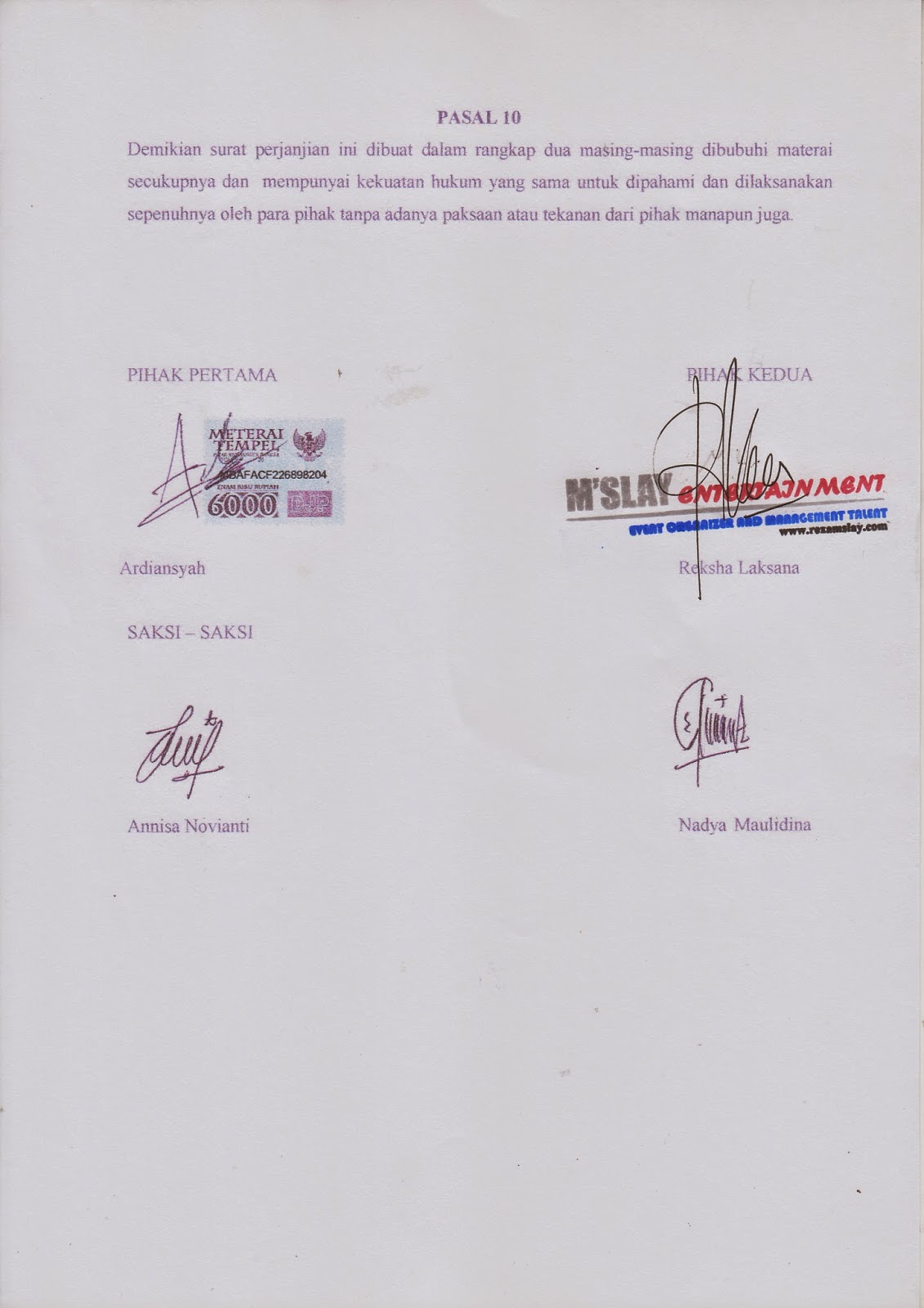 CONTOH SURAT PERJANJIAN KERJASAMA