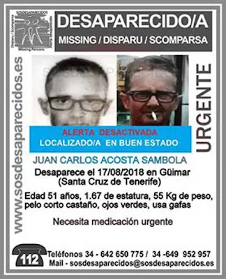 Localizado buen estado hombre desaparecido en Güímar, Juan Carlos Acosta Sambola