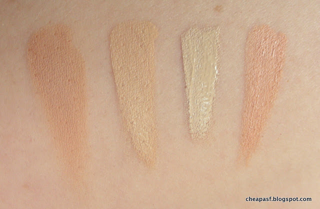 Swatches of Clé de Peau Beauté Concealer in Beige, Sephora Collection Bright Future Gel Serum Concealer in Fondant, Nars Radiant Creamy Concealer in Chantilly, and LA Girl Pro Conceal HD Concealer in Classic Ivory