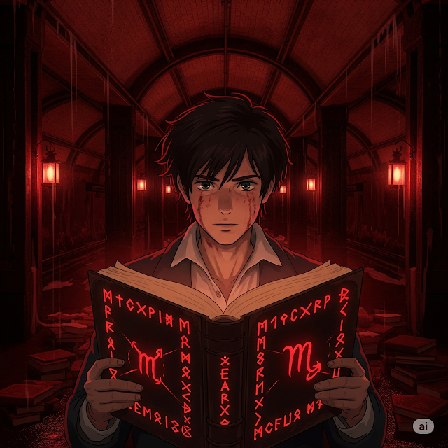 Scorpio youth reading in shadowy underground library