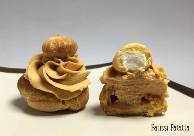 recette de choux au chocolat dulcey, choux caramel beurre salé et chocolat dulcey, religieuses chocolat dulcey et caramel, mini choux chantilly, une tuerie ces choux, ganache montée au chocolat dulcey, caramel beurre salé, patissi-patatta