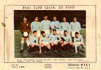 REAL CLUB CELTA DE VIGO - Vigo, Pontevedra, España -  Temporada 1960-61 - Pistón, Quinocho, Las Heras, Igoa II, Marín y Albino; Pintos, Pais, Lolo Gómez, Zamorita y Toni - CLUB DEPORTIVO CONDAL 0 REAL CLUB CELTA DE VIGO 0 - 18/03/1961 - Liga de 2ª División, jornada 26 - Barcelona, estadio de Las Corts - El Celta, con Yayo de entrenador, se clasificó 2º en el Grupo Norte de la 2ª División, jugando y perdiendo la promoción contra el Oviedo