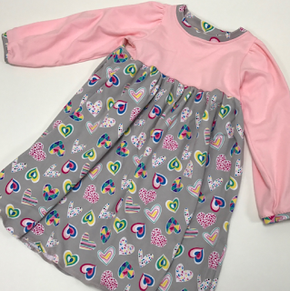 handmade, made in usa, pink, hearts, playdress, playground dress, little girl, size 4, knit, tshirt dress, 