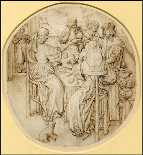 The Meal of Sorgheloos (allegory on Carelessness); a group of five figures dining; a servant with food entering the doorway at left, a child reaching up to the table at right and a small dog in the foreground; in a roundel. c.1490-1500. Holdings of The British Museum.