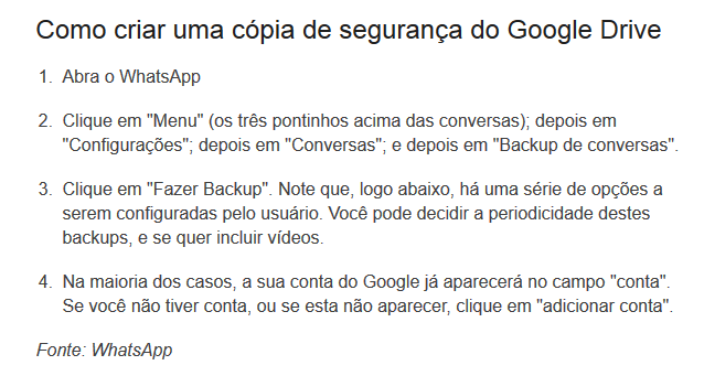 Procedimentos para backup do WhatsApp