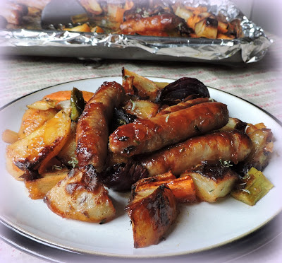 Sticky Sausage Tray Bake