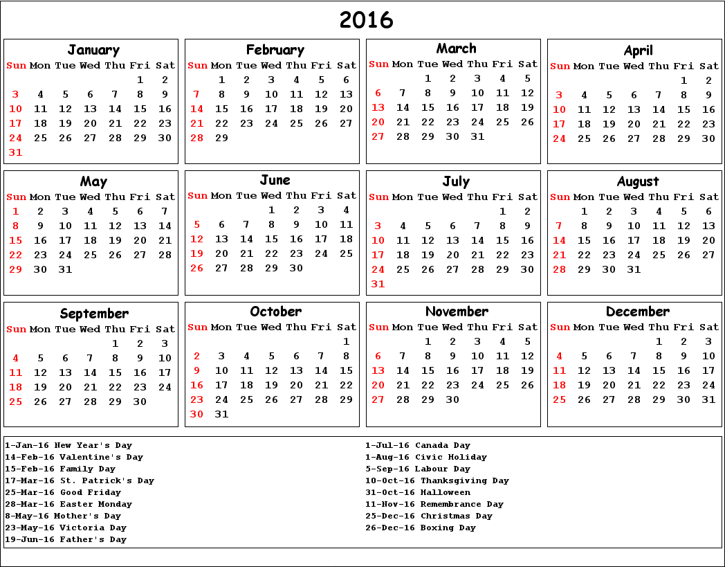 printable 2016 calendar with canadian holidays excel pdf