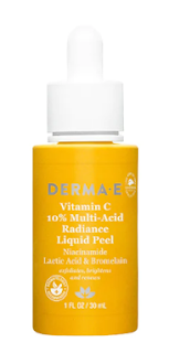 Image of Derma E Vitamin C Multi-Acid Radiance Liquid Peel in a sleek, orange bottle with a white cap, against a white background.