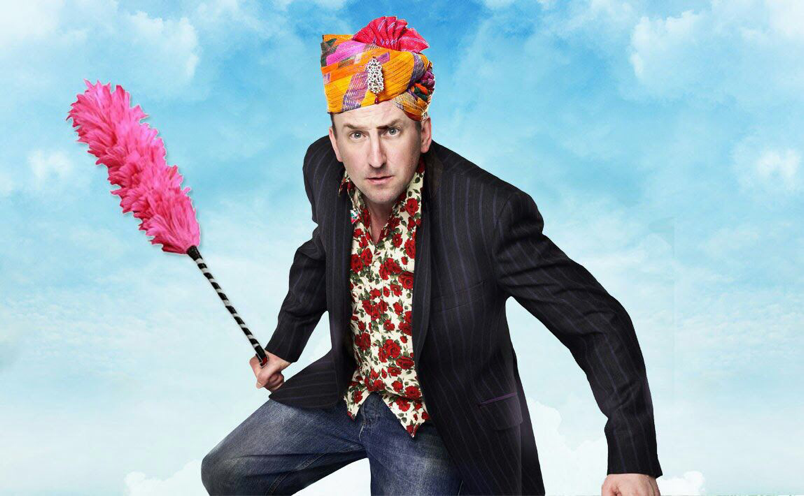Lee Mack on a Cloud (as though in a panto)