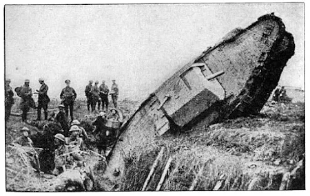 WW1 tank that has fallen into an anti-tank trench