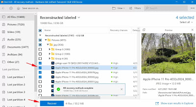he screen also displays a menu with options for restoring the selected file.