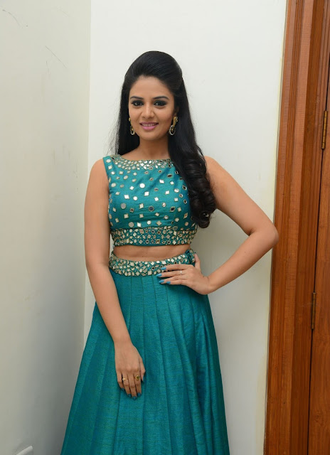 Sreemukhi in Mirror Work Lehenga and Crop Top