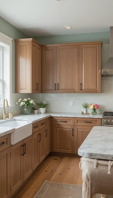 Sage Green Kitchen Walls with Wood Cabinets
