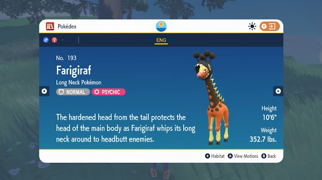 Pokémon Scarlet Farigiraf Long Neck Pokédex entry