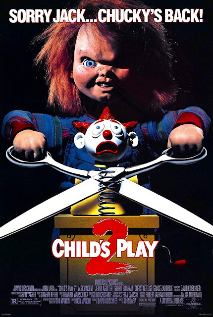 Universal Pictures presents "Child's Play 2" (1990) movie poster, starring Brad Dourif, Alex Vincent, Jenny Agutter, Gerrit Graham, Christine Elise, and Grace Zabriskie