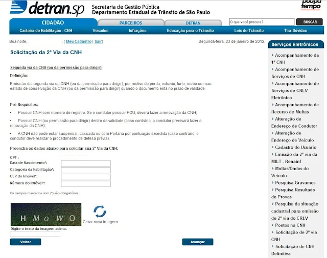 site Detran SP www.detra.sp.gov.br - 2ª via CNH