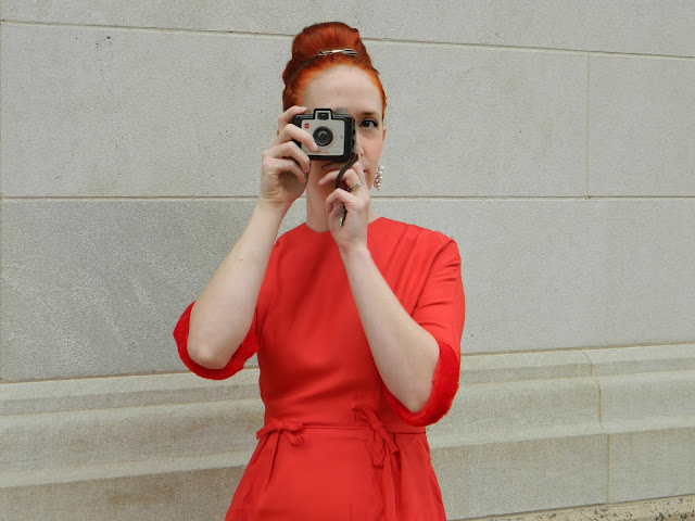 1950s 1960s Brownie Holiday camera beehive bow wiggle dress red Just Peachy, Darling