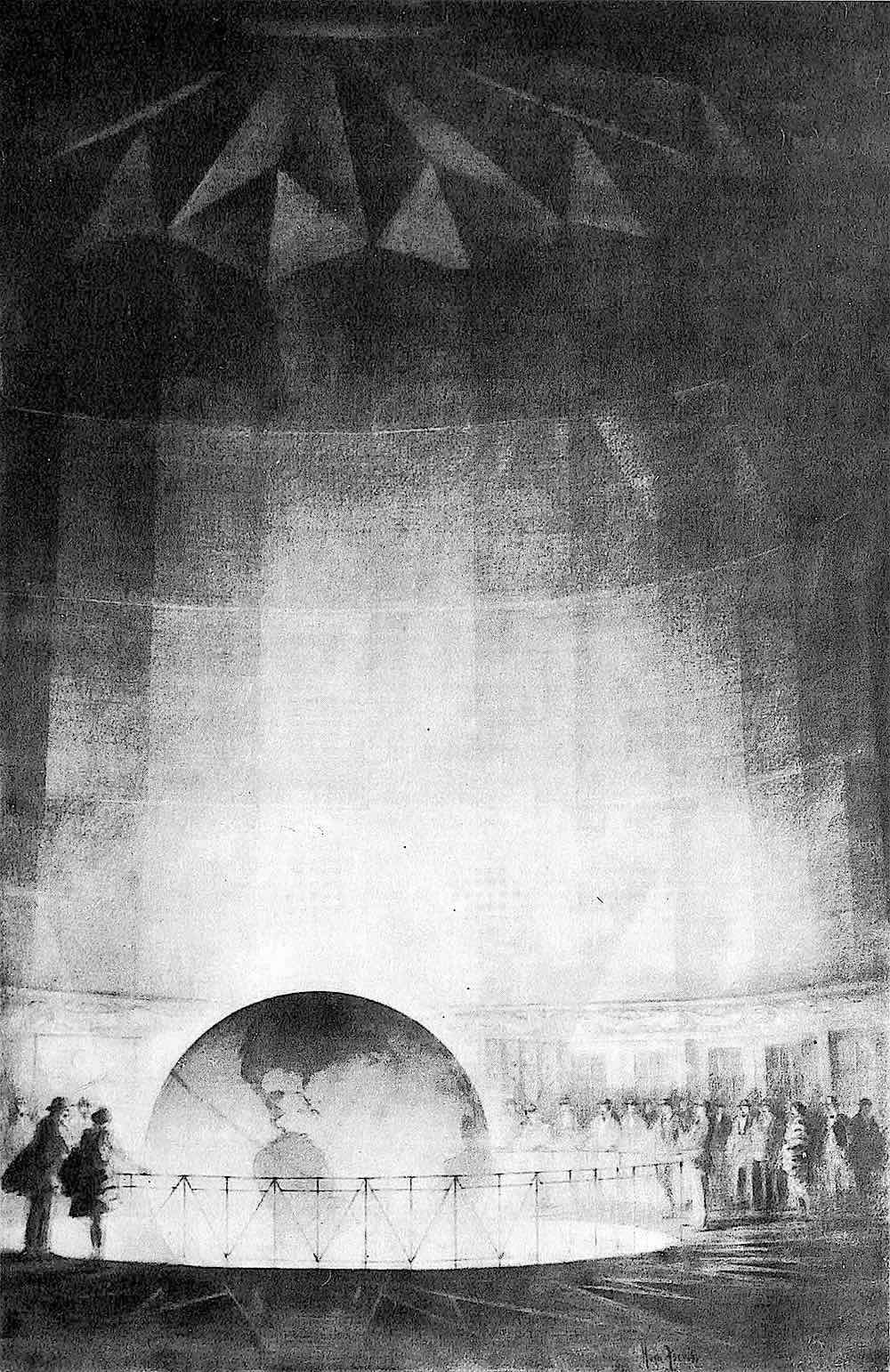 a Hugh Ferriss 1929 drawing of the Daily News Building Globe