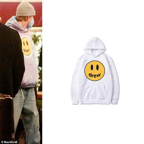 Justin Bieber wearing Drew House hoodie in Beverly Hills on March 8, 2021