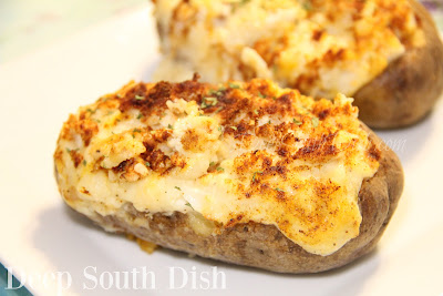 A twice-baked potato, stuffed with crabmeat, cheese and simple seasonings.