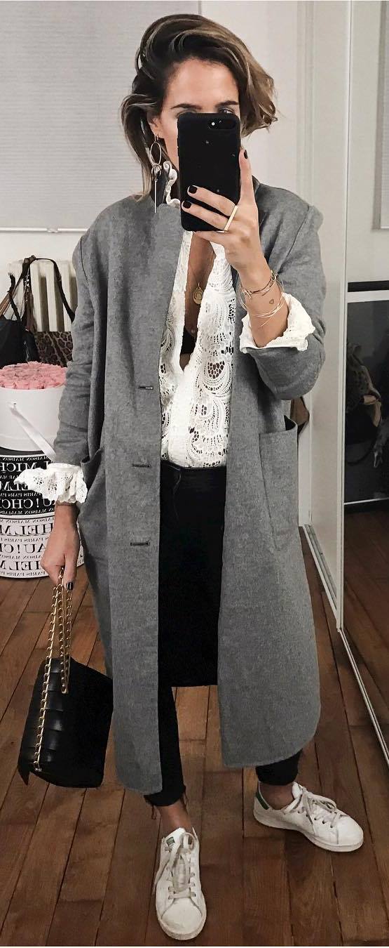 trendy winter outfit / white lace blouse + grey coat + skinnies + sneakers + bag 